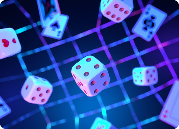 Terninger og kort i blåt lys — symbol på fair sammenligning af online kasinoer